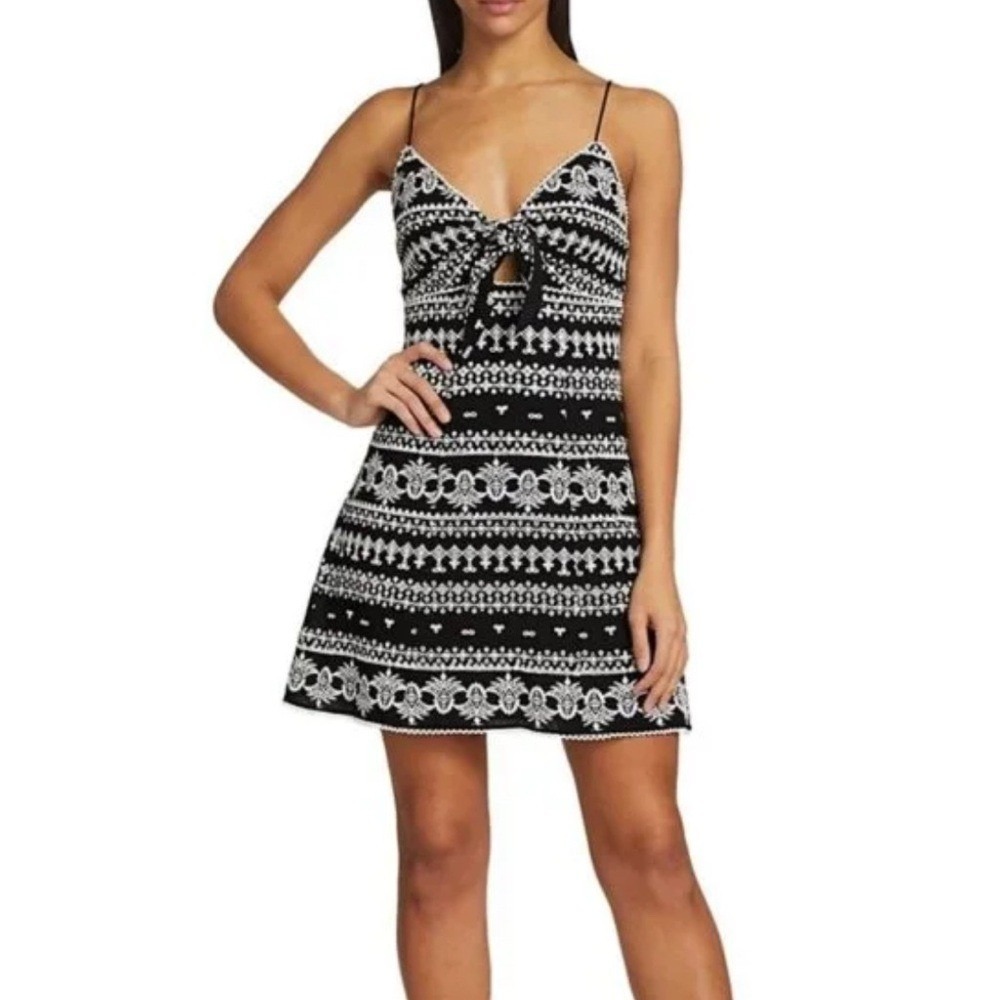 Alice + Olivia Embroidered Tie Front Mini Dress Black White Size 14 NWT